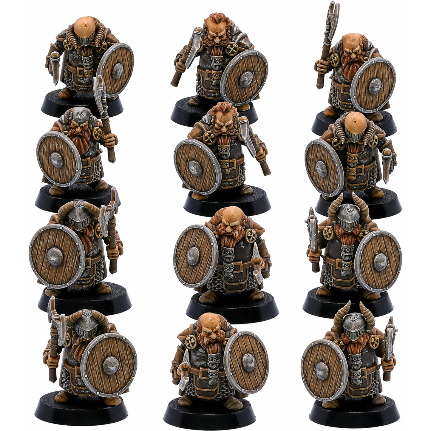 Painted Dwarf Axe & Shield set of 12 by Kyoushuneko Miniatures showing armoured fantasy dwarf warriors.