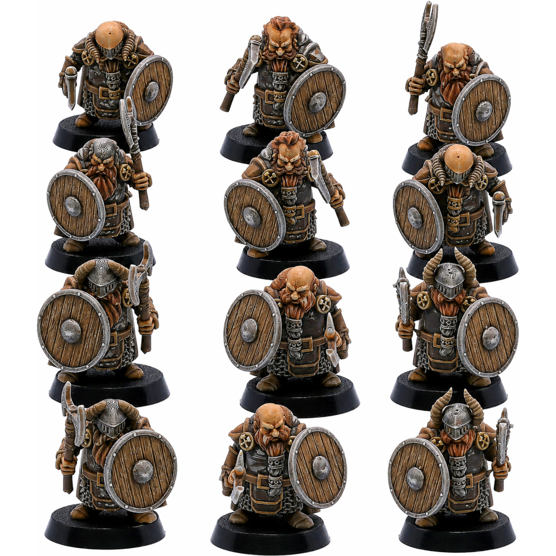 Painted Dwarf Axe & Shield set of 12 by Kyoushuneko Miniatures showing armoured fantasy dwarf warriors.