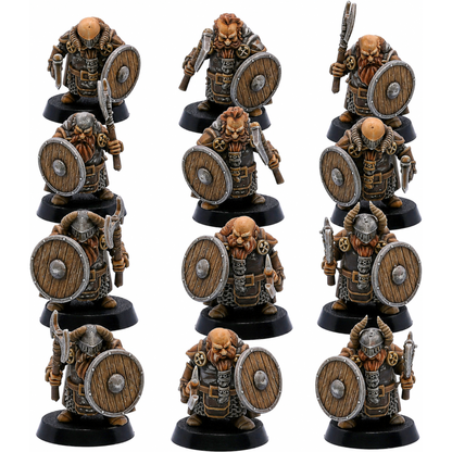 Painted Dwarf Axe & Shield set of 12 by Kyoushuneko Miniatures showing armoured fantasy dwarf warriors.