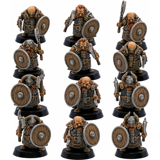 Painted Dwarf Axe & Shield set of 12 by Kyoushuneko Miniatures showing armoured fantasy dwarf warriors.