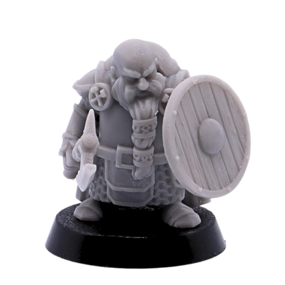 Size guide for Dwarf Axe & Shield miniature showing 28mm scale and 25mm round base.