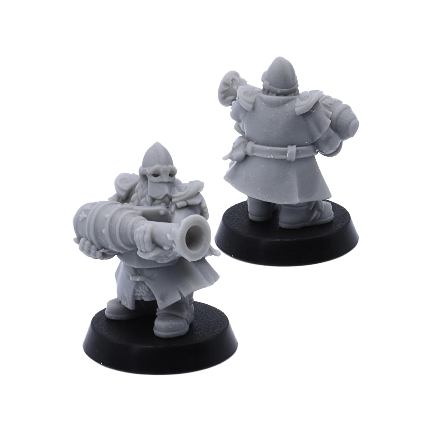 Unpainted dwarf fire spitter miniature carrying a cannon shown from front and rear angles.