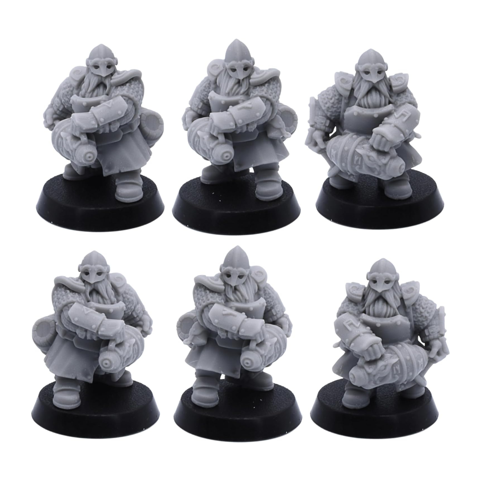 Unpainted dwarf cannon crew miniatures from the Dwarf Fire Spitters set shown in repeated front views.