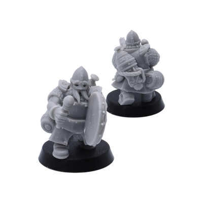 Unpainted Dwarf Fire Spitters miniatures by Highlands Miniatures shown from front and back views.