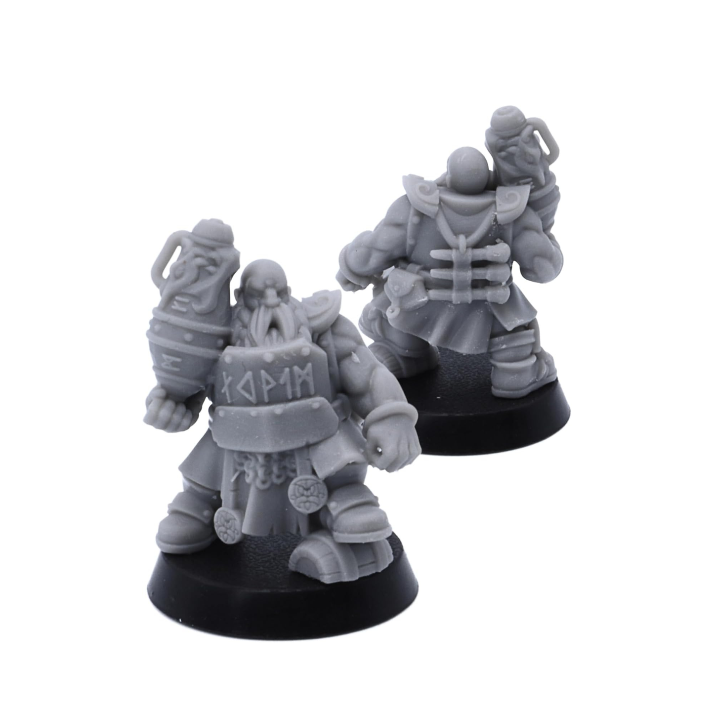 Unpainted dwarf artillery miniature carrying a powder keg shown from front and back views.