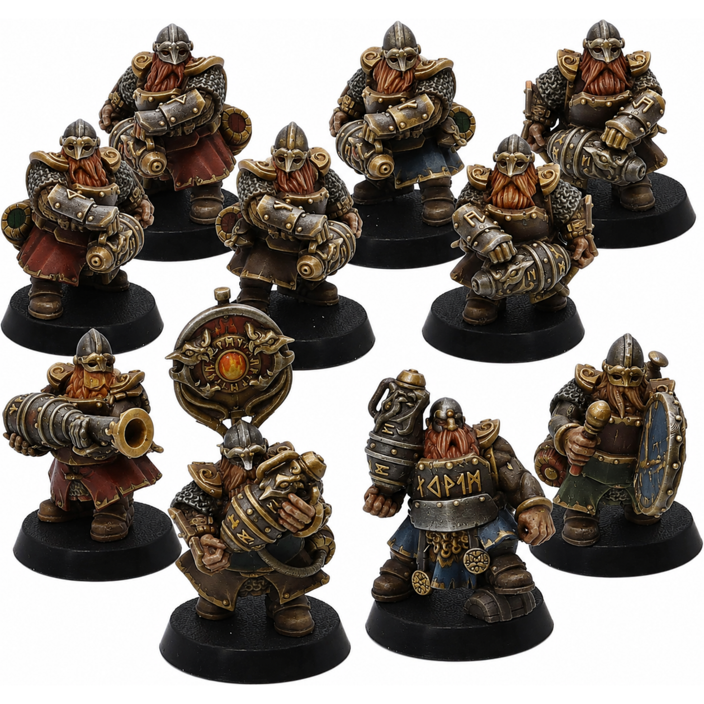Painted Dwarf Fire Spitters set of 10 by Highlands Miniatures showing armoured fantasy dwarf gunners.