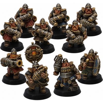 Painted Dwarf Fire Spitters set of 10 by Highlands Miniatures showing armoured fantasy dwarf gunners.