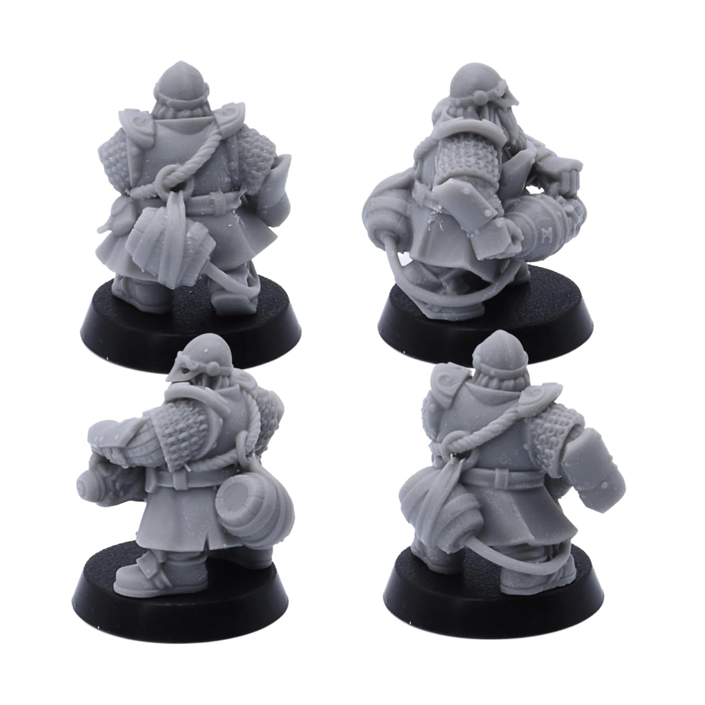 Rear detail views of unpainted Dwarf Fire Spitters miniatures showing armour, packs, barrels, and equipment.