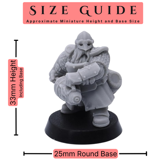Dwarf Fire Spitters 32mm scale miniature size guide showing an approximate 33mm miniature height including base and 25mm round base size.