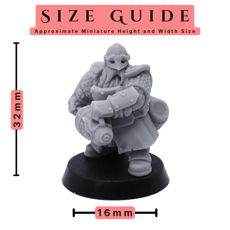 Size guide for Dwarf Fire Spitters miniature showing 32mm height and 16mm width.
