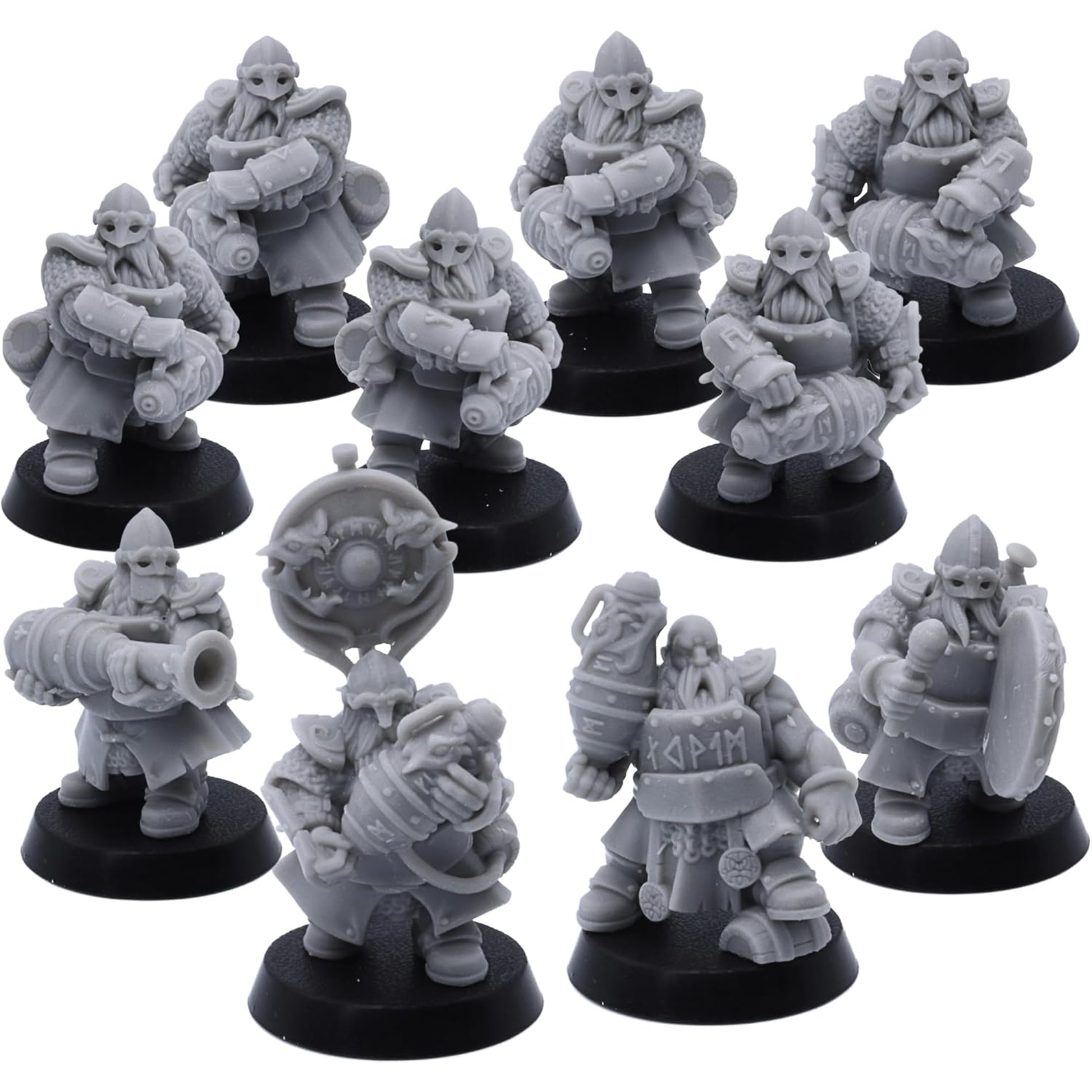 Unpainted Dwarf Fire Spitters set of 10 showing cannon-armed dwarves, shield bearers, and command models.