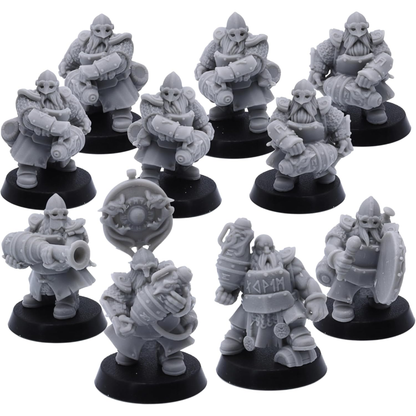 Unpainted Dwarf Fire Spitters set of 10 showing cannon-armed dwarves, shield bearers, and command models.