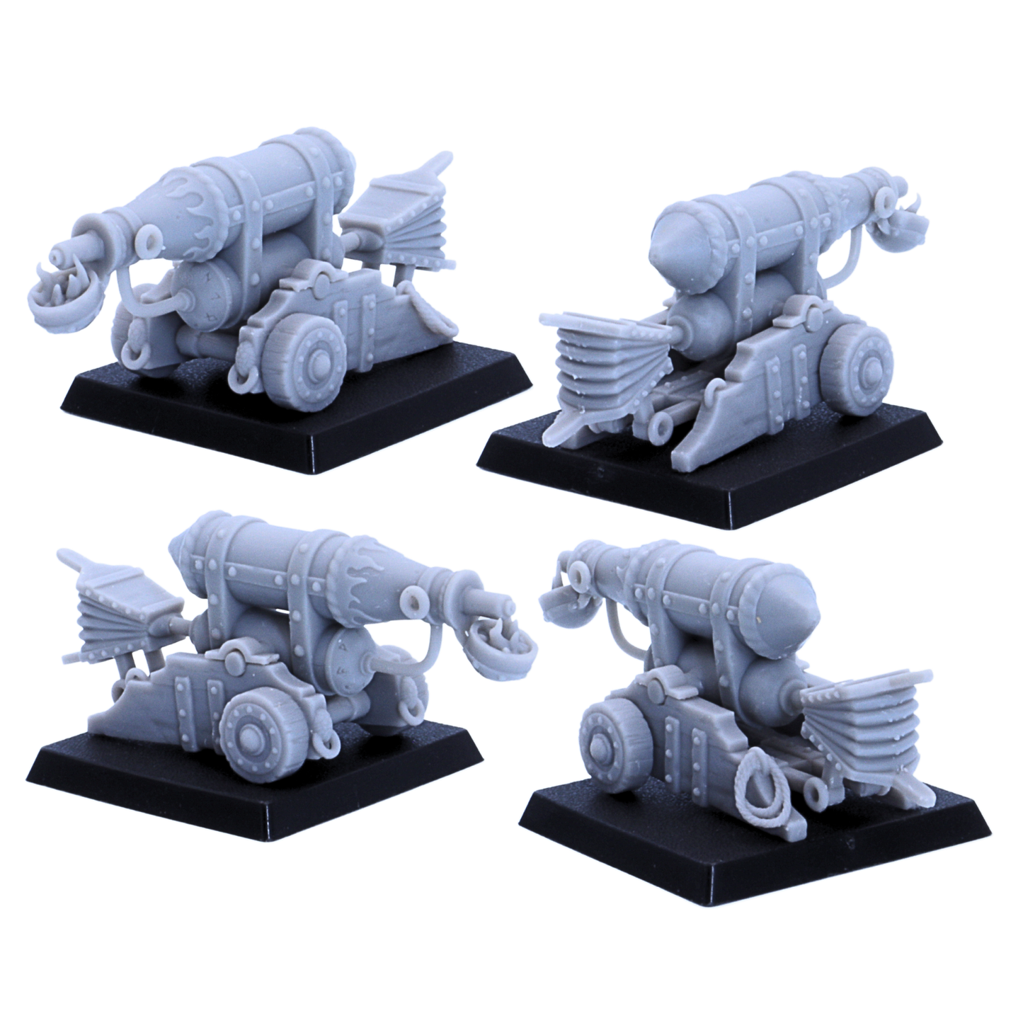 Multiple views of an unpainted dwarf cannon miniature on a 40mm square base with wheels, ropes, barrel details, and loading equipment.
