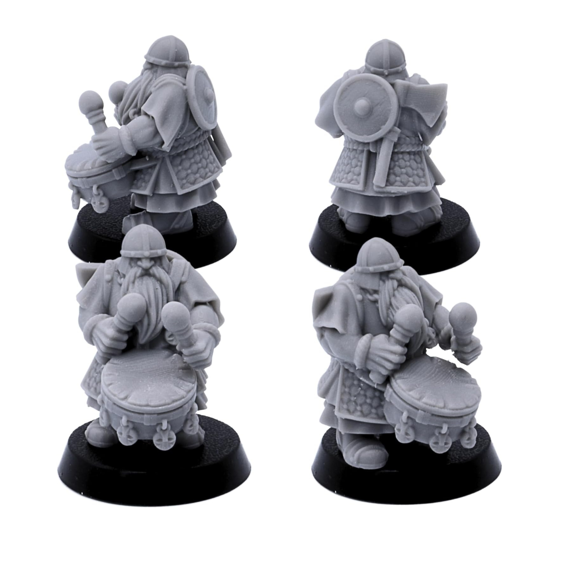 Unpainted Dwarf Musician miniature shown from front and rear angles with drum and armour details.