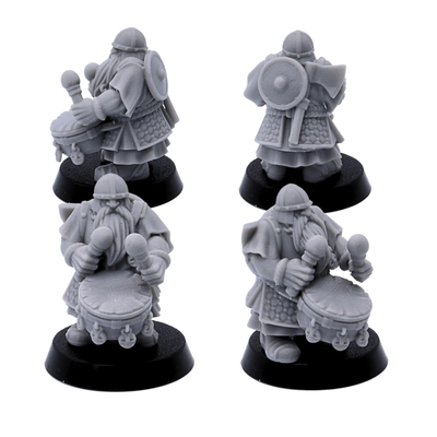 Unpainted Dwarf Musician miniature shown from front and rear angles with drum and armour details.