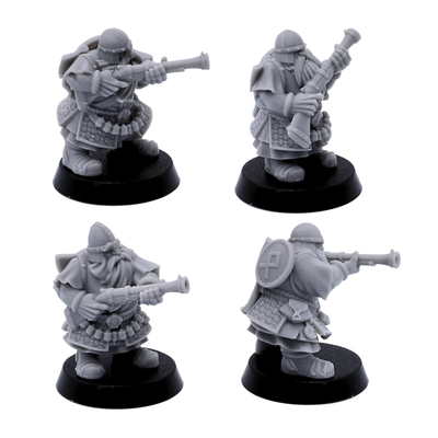 Unpainted standard Dwarf Gunner miniature shown from multiple angles with rifle and shield details.