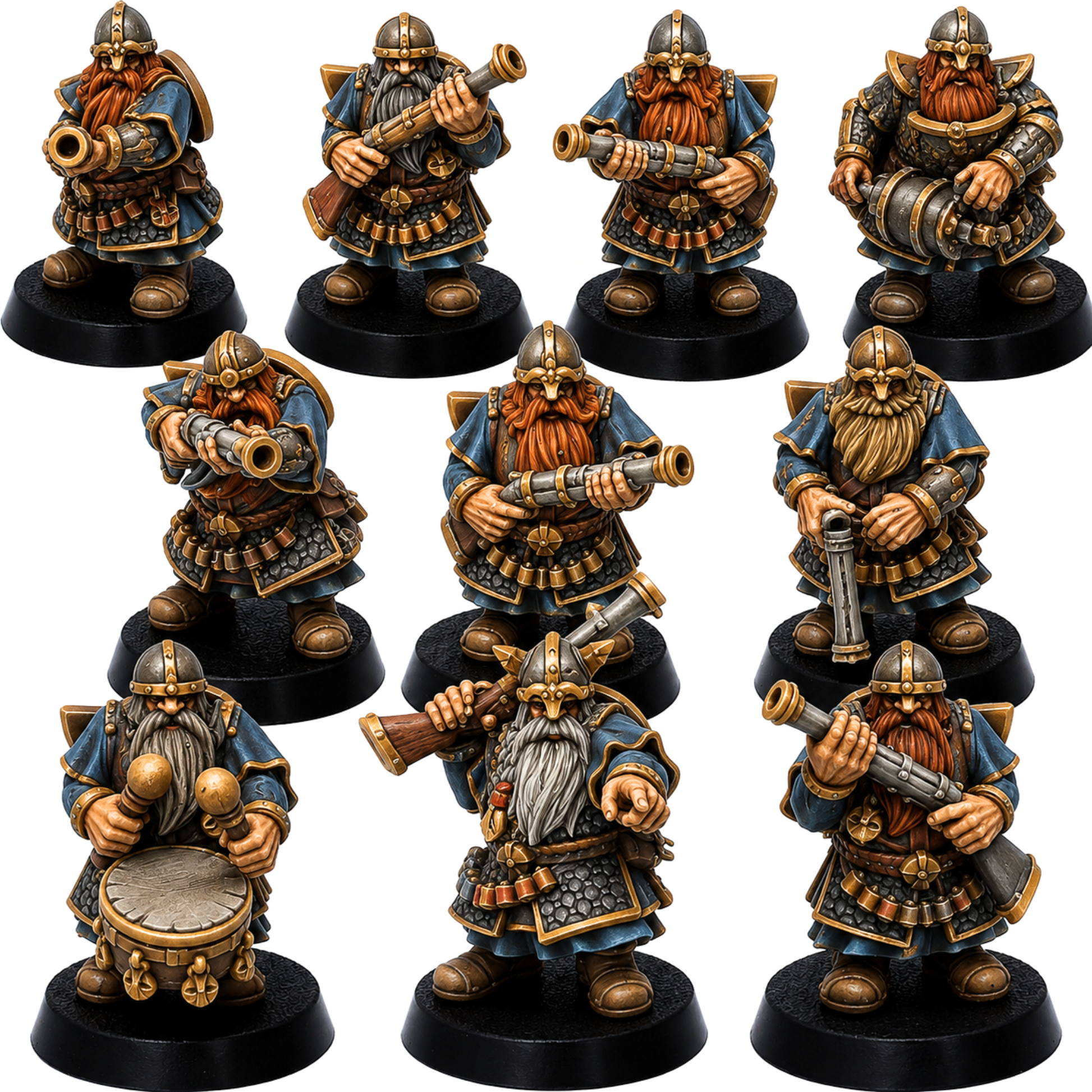 Painted Dwarf Gunners set of 10 by Highlands Miniatures showing fantasy dwarf firearm troops and command miniatures.