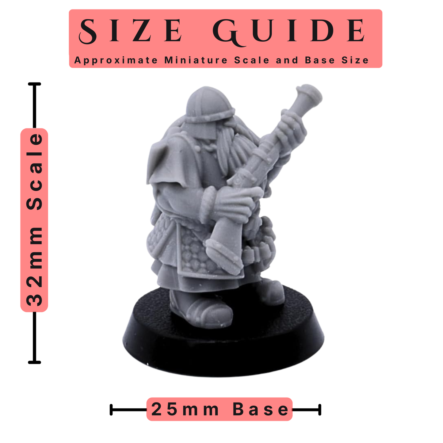Size guide for Dwarf Gunners miniature showing 32mm scale and 25mm round base.