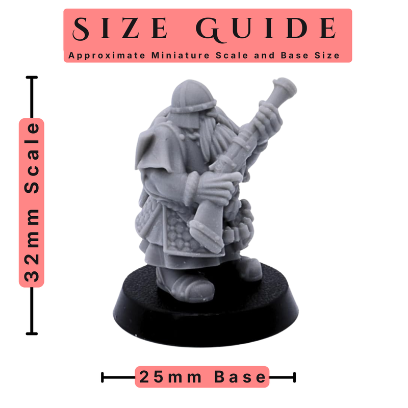 Size guide for Dwarf Gunners miniature showing 32mm scale and 25mm round base.