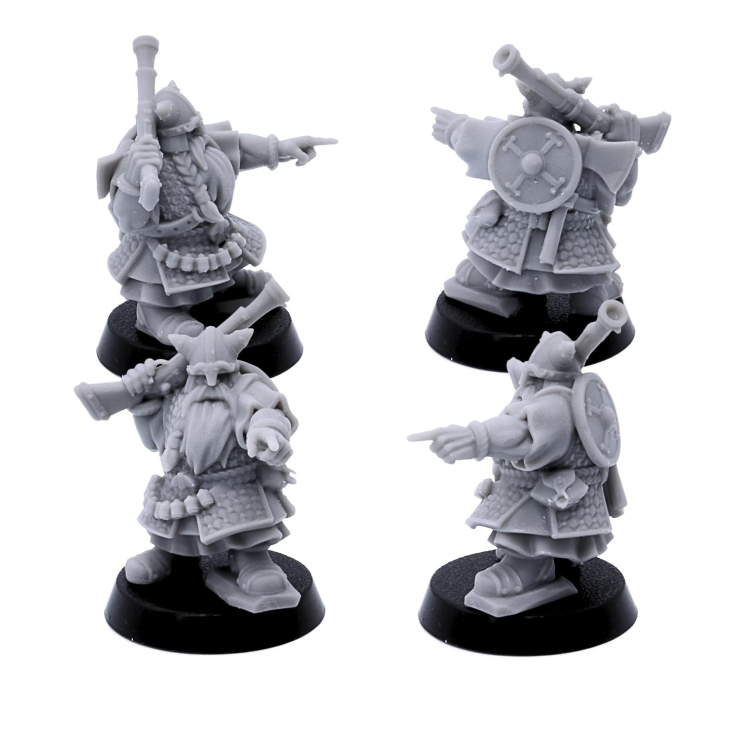 Unpainted Dwarf Gunner command miniatures shown from multiple angles with rifle and pointing poses.
