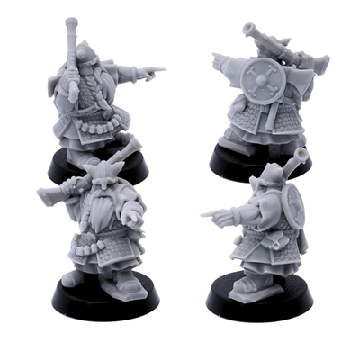 Unpainted Dwarf Gunner command miniatures shown from multiple angles with rifle and pointing poses.