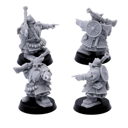 Unpainted Dwarf Gunner command miniatures shown from multiple angles with rifle and pointing poses.