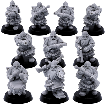 Unpainted Dwarf Gunners miniatures showing standard gunners, captain, and musician on round bases.