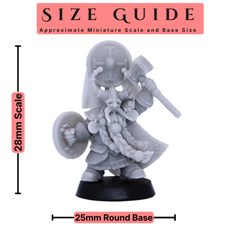 Size guide for Dwarf Hero Character miniature showing 28mm scale and 25mm round base.