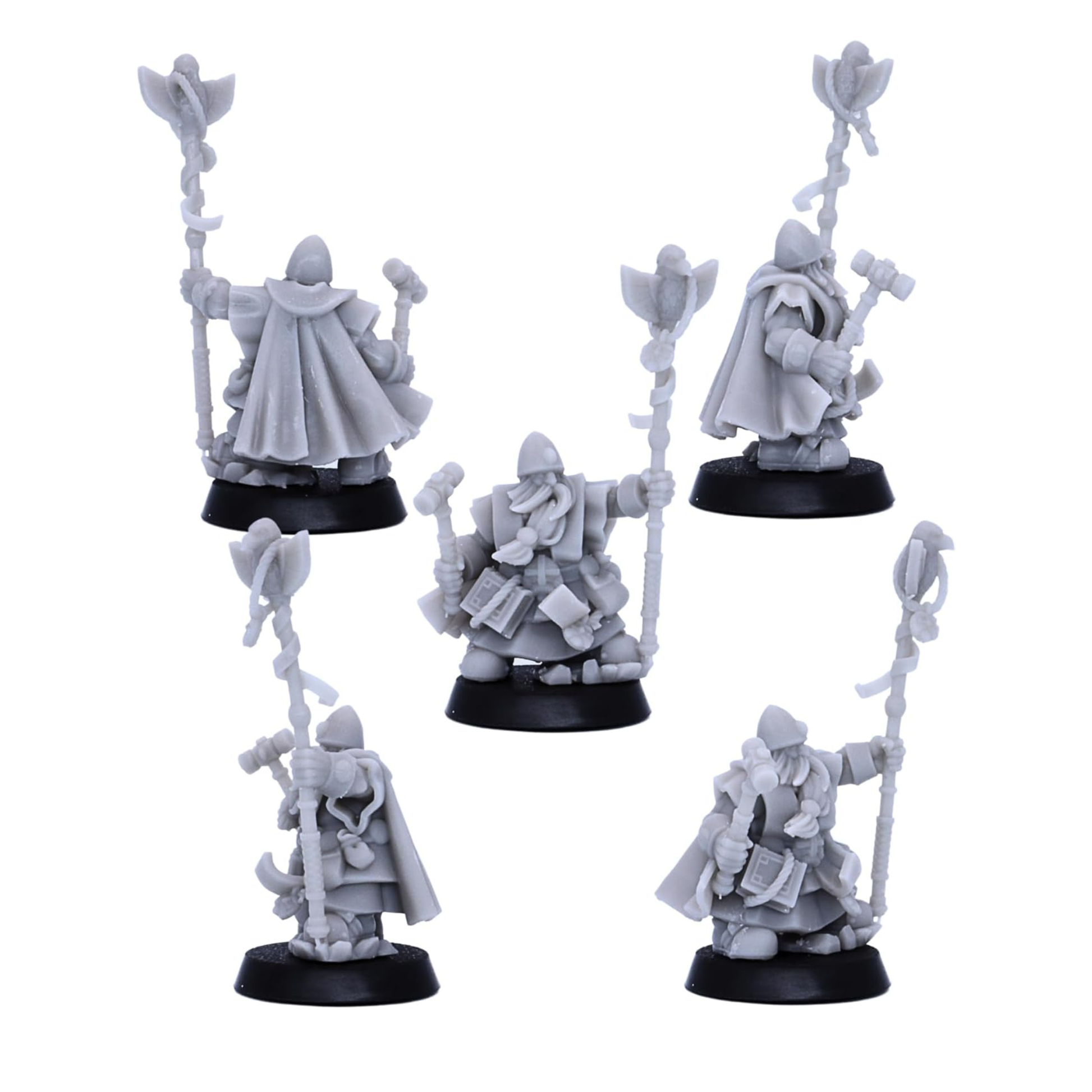 Rear views of unpainted Dwarf Hero Character miniatures showing cloaks, shields, packs, weapons, and armour details.