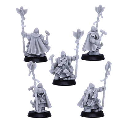 Rear views of unpainted Dwarf Hero Character miniatures showing cloaks, shields, packs, weapons, and armour details.