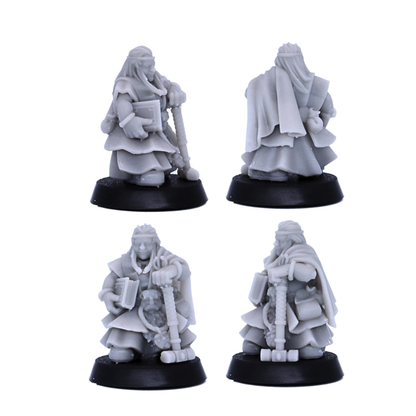 Unpainted robed dwarf adventurer miniature with book and staff shown from multiple angles.