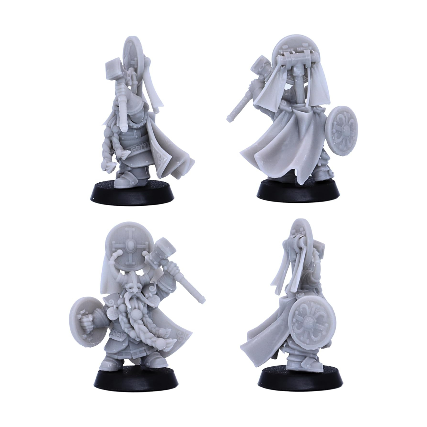 Unpainted dwarf hero miniature with hammer, shield, cloak, and braided beard shown from multiple angles.