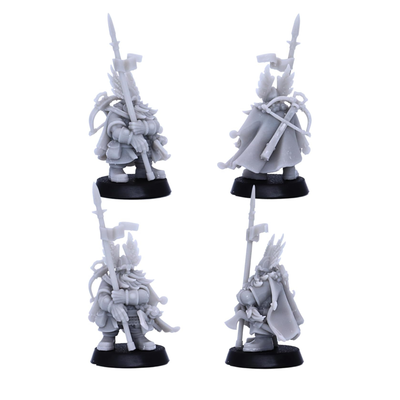 Unpainted dwarf warrior hero miniature with spear, axe, shield, and winged helmet shown from multiple angles.