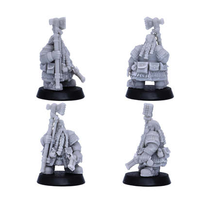 Unpainted dwarf priest or druid hero miniature with staff, cloak, and long braided beard shown from multiple angles.