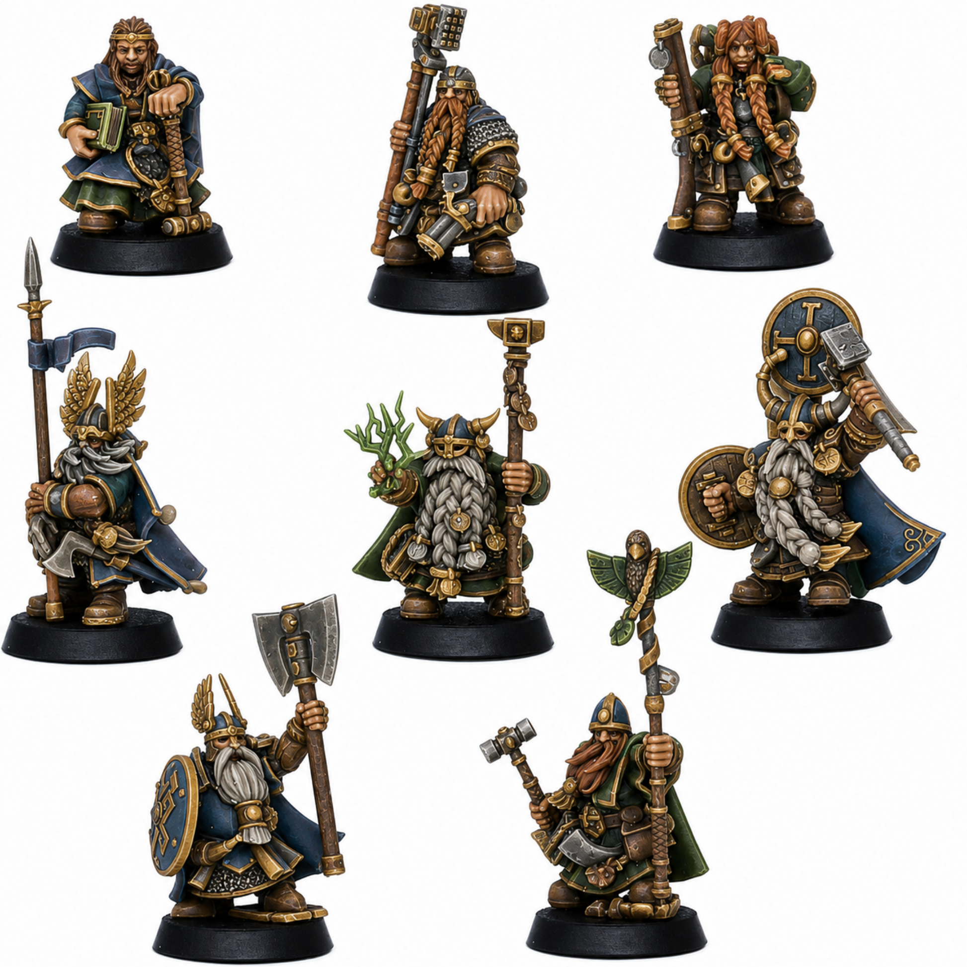 Painted Dwarf Hero Characters set of 8 by Highlands Miniatures showing fantasy dwarf adventurer miniatures.