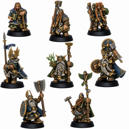 Painted Dwarf Hero Characters set of 8 by Highlands Miniatures showing fantasy dwarf adventurer miniatures.