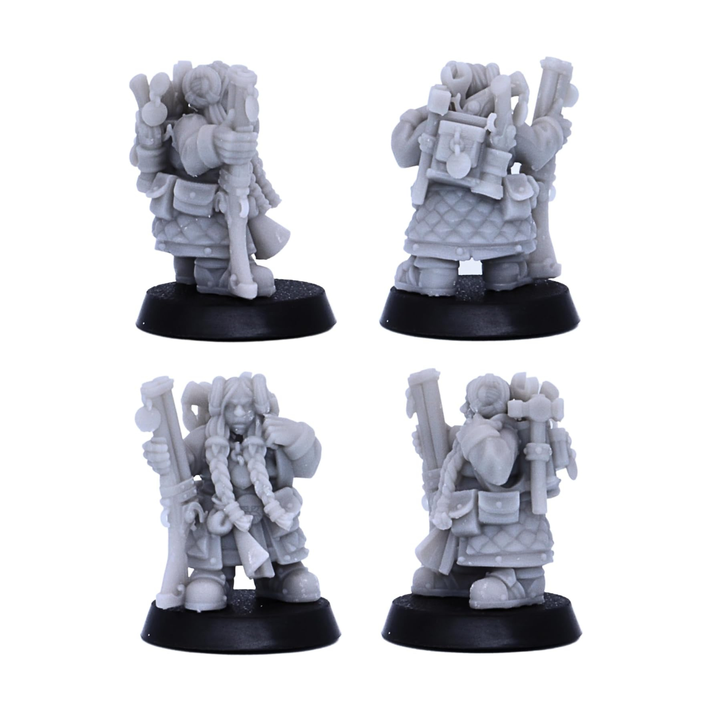 Unpainted dwarf engineer hero miniature shown from front and rear angles with equipment details.