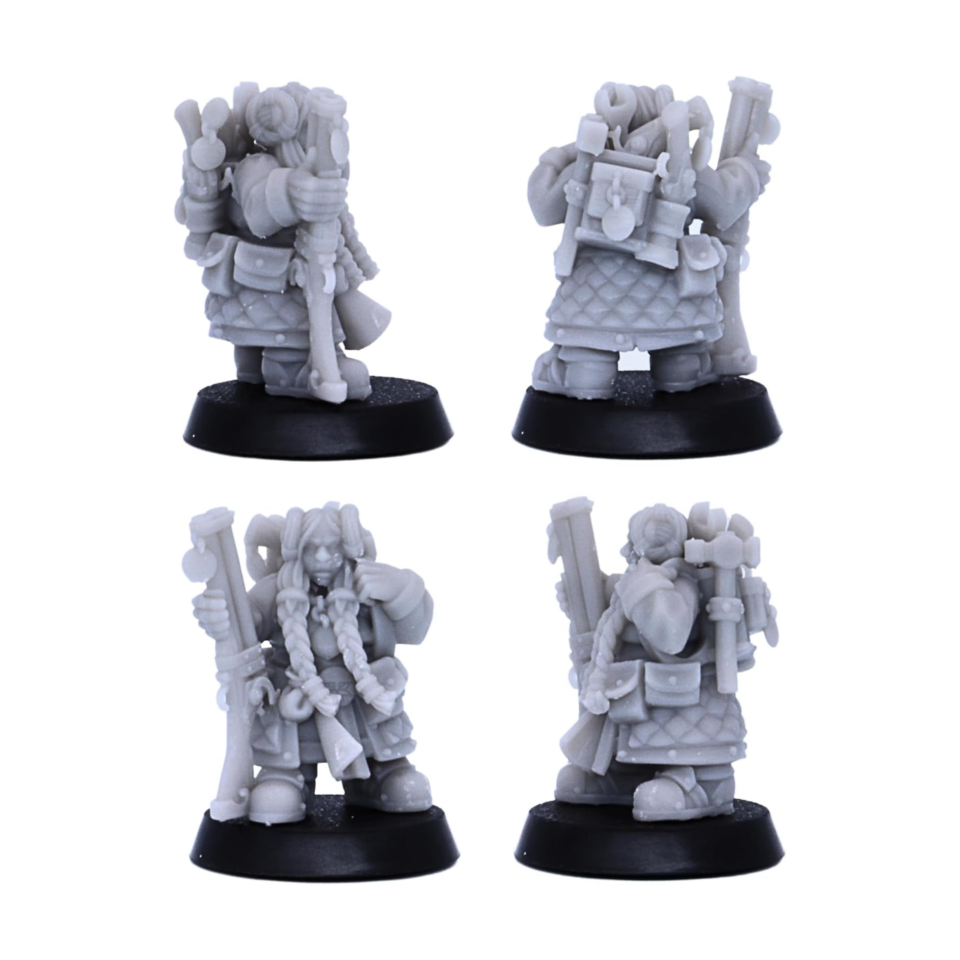 Unpainted dwarf engineer hero miniature shown from front and rear angles with equipment details.