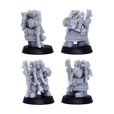 Unpainted dwarf engineer hero miniature shown from front and rear angles with equipment details.