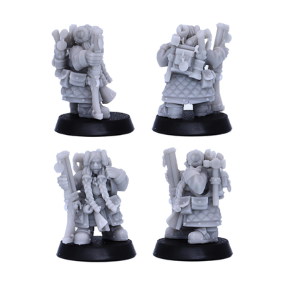 Unpainted dwarf engineer hero miniature shown from front and rear angles with equipment details.
