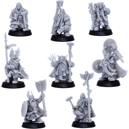 Unpainted Dwarf Hero Characters miniatures showing eight different fantasy dwarf hero sculpts.