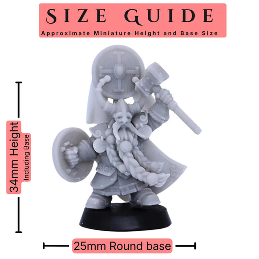 Dwarf Heroes set of 8 32mm scale fantasy miniatures size guide showing an approximate 34mm height including base and 25mm round base size.