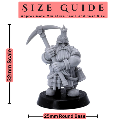 Size guide for Dwarf Miner miniature showing 32mm scale and 25mm round base.