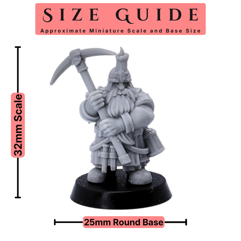 Size guide for Dwarf Miner miniature showing 32mm scale and 25mm round base.