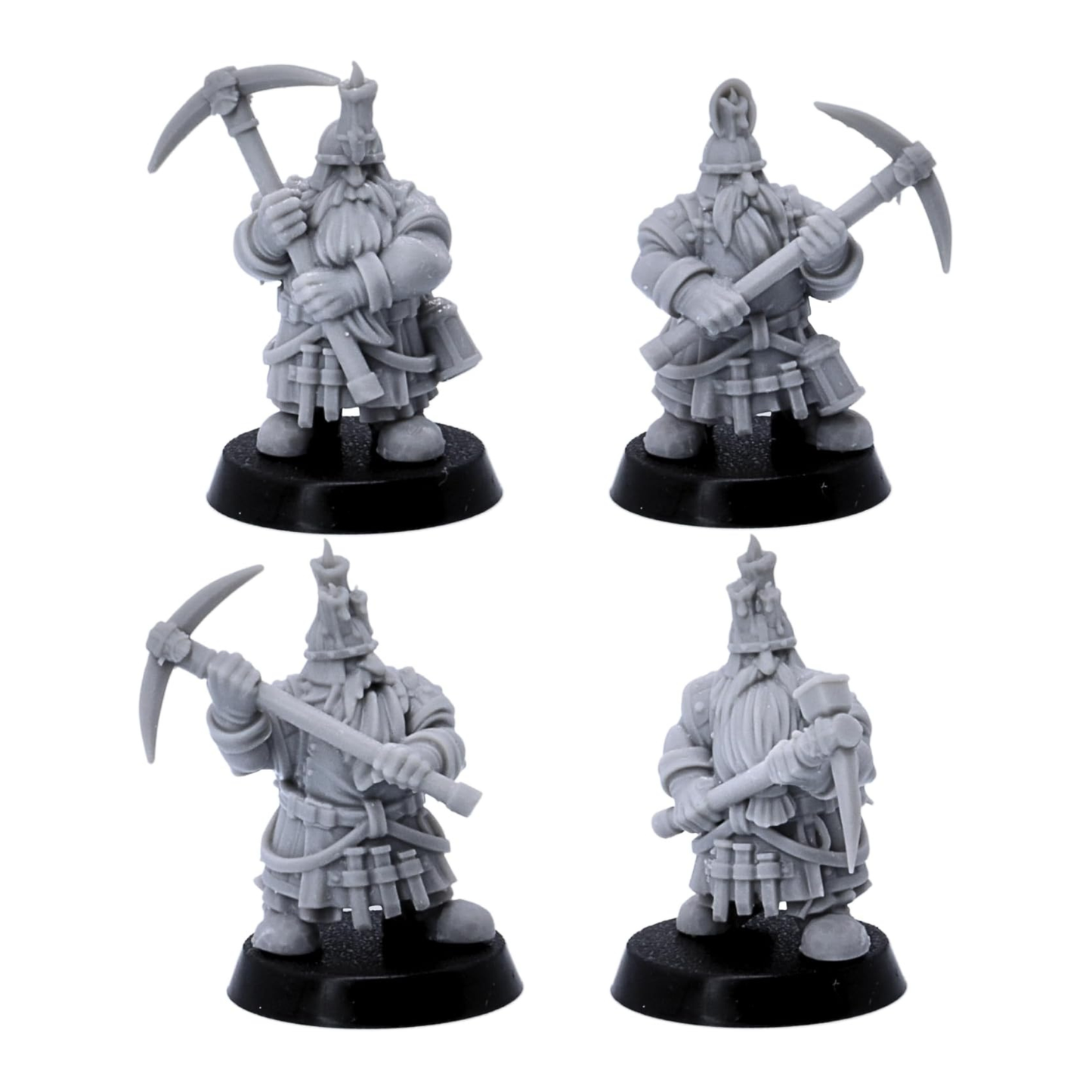 Unpainted dwarf miner miniature holding a hammer and mining pick shown from front and rear angles.