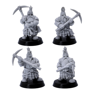 Unpainted dwarf miner miniature holding a hammer and mining pick shown from front and rear angles.