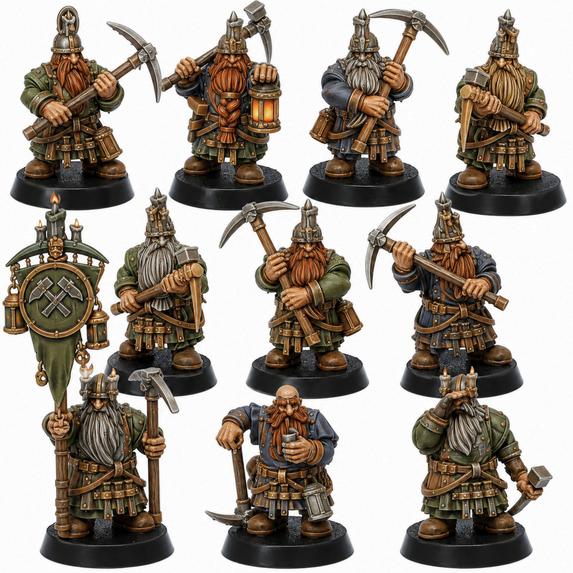 Painted Dwarf Miners set of 10 by Highlands Miniatures showing fantasy dwarf mining miniatures with pickaxes, lanterns, and banner.