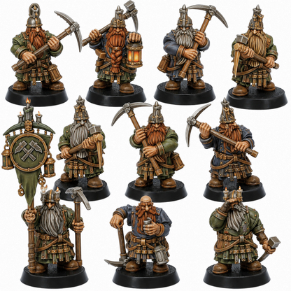 Painted Dwarf Miners set of 10 by Highlands Miniatures showing fantasy dwarf mining miniatures with pickaxes, lanterns, and banner.