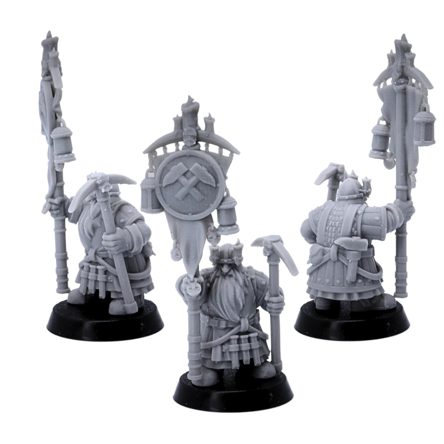 Unpainted dwarf miner command and banner miniatures shown from multiple angles.