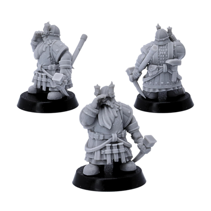 Unpainted dwarf miner miniature with pickaxe, lantern, and drinking cup shown from multiple angles.